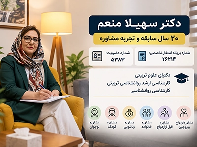 دکتر سهیلا منعم؛ روانشناس و مشاور با ۲۰ سال سابقه، پروانه اشتغال تخصصی ۲۶۲۱۴ و شماره عضویت ۵۳۸۳