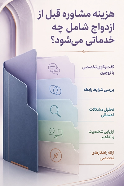 خدمات شامل در هزینه مشاوره قبل از ازدواج؛ گفت‌وگوی تخصصی با زوجین، بررسی رابطه، ارزیابی شخصیت و ارائه راهکار تخصصی