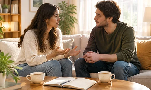 گفتوگوی آرام و همدلانه دختر و پسر در محیط روشن مشاوره به نشانه مهارت مدیریت تعارض و حل مسئله قبل از ازدواج